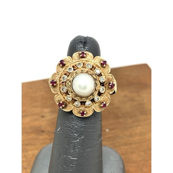 Pearl Ruby Diamond Women's Cocktail Ring 14k Yellow Gold Vintage Estate Size 5.5 - Picture 6 of 14